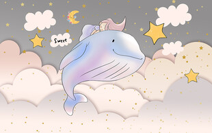可爱卡通鲸鱼小女孩儿童房背景墙
