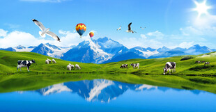 雪山下的草原湖泊