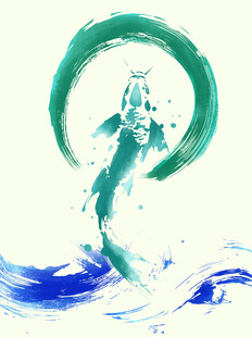 水墨抽象风格鲤鱼跃龙门插画