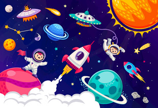 卡通宇航员外太空星球宇宙背景墙