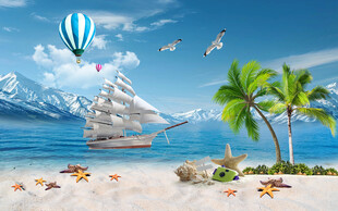 蓝天白云椰树大海背景墙