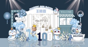 蓝色法式香风卡通蛇宝宝百日宴