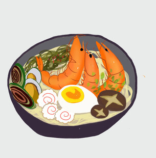美味鲜虾拉面手绘插画