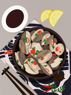 美味花甲摆盘手绘插画