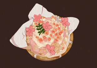 粉色花朵装饰美味蛋糕插画手绘