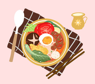 美味西红柿鸡蛋面套餐手绘插画