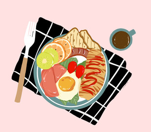 蛋包饭丰盛早餐摆盘图手绘插画