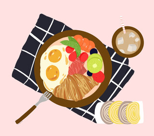 鸡蛋面包早晨手绘插画