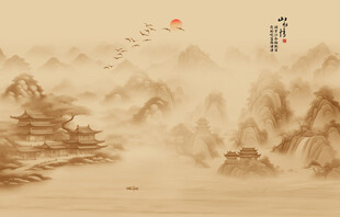 中国风水墨意境山水风景背景屏风