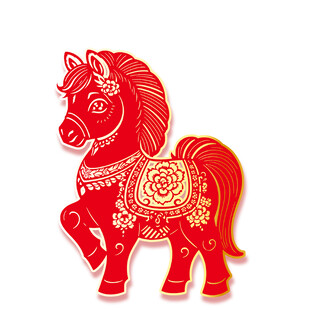 红色剪纸风吉祥小马形象