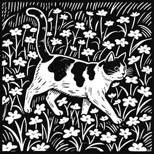 黑白花猫漫步花丛间