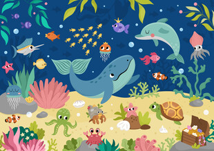 可爱鲸鱼卡通海洋动物珊瑚背景墙