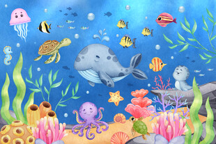 卡通鲸鱼水彩海底动物珊瑚背景墙
