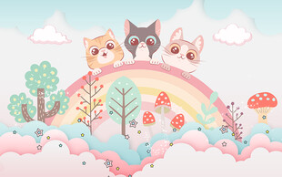 可爱卡通猫咪儿童房背景墙