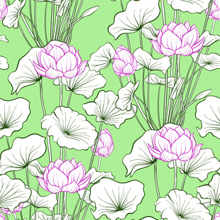 绿色背景上的粉色白色花卉图案