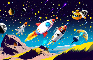 卡通火箭星空