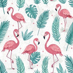 粉色火烈鸟与绿植图案背景