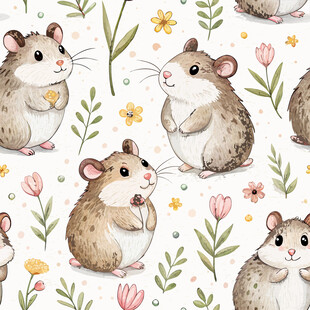 可爱仓鼠花卉无缝图案