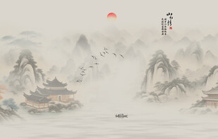 新中式禅意水墨山水画背景墙壁纸