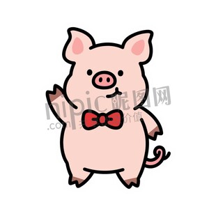 卡通可爱戴领结小猪挥手举手