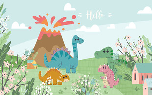 可爱卡通恐龙世界儿童房背景墙