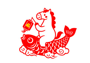 马骑鲤鱼送福剪纸图案