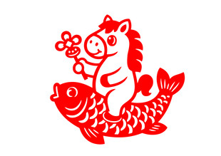 马骑锦鲤剪纸图案