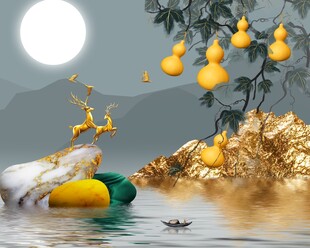 五福麋鹿发财画