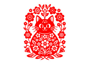 红色剪纸风可爱猫咪图案