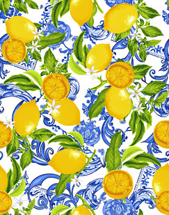 蓝白背景上的柠檬花卉图案