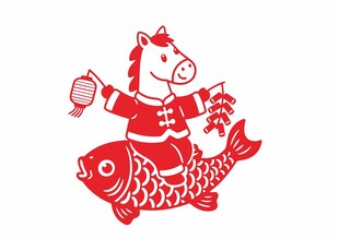 矢量剪纸马骑锦鲤贺岁图