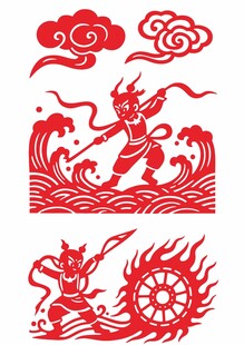 传统剪纸矢量哪吒风神话人物图案