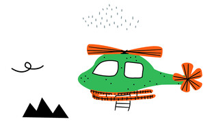 卡通直升机飞翔于山水间