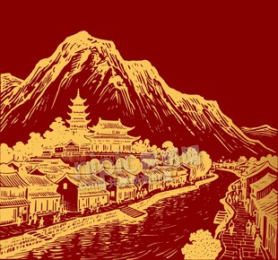 古风河流建筑宝塔山脉背景