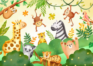 水彩动物世界卡通森林儿童背景墙