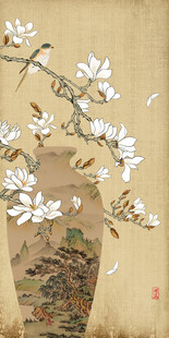 新中式玉兰工笔花鸟花瓶国画山水