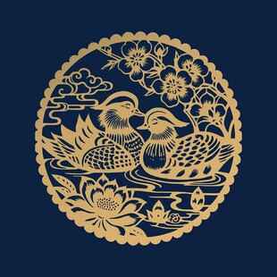 中式金纹鸳鸯荷花圆形图案