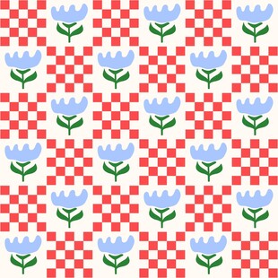 红白格底蓝色花朵图案
