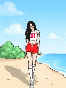 海滩时尚少女漫步