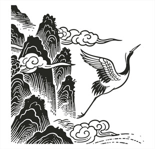 水墨山水间单鹤展翅