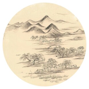 新中式水墨山水圆形装饰画