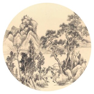 新中式水墨山水圆形装饰画
