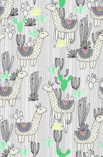 可爱羊驼仙人掌图案背景