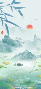 绿意盎然山水诗意风光水墨画背景