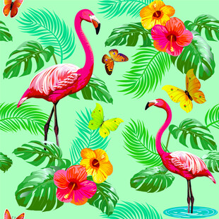 热带风情火烈鸟花卉图案四方连图