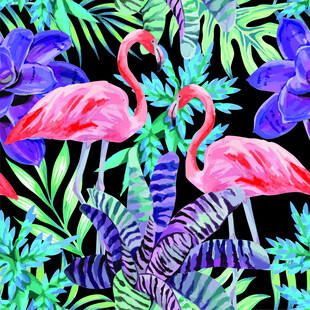 火烈鸟与热带植物图案四方连续