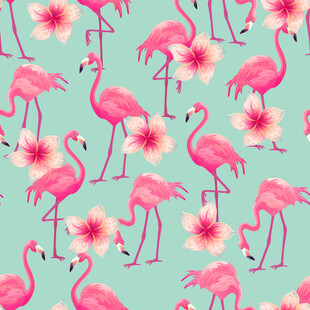 火烈鸟与花朵的清新图案数码印花