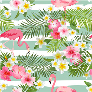火烈鸟与花卉热带风情图案数码印
