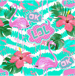 热带风情火烈鸟花卉图案数码印花