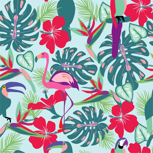 热带植物与飞鸟图案设计数码印花